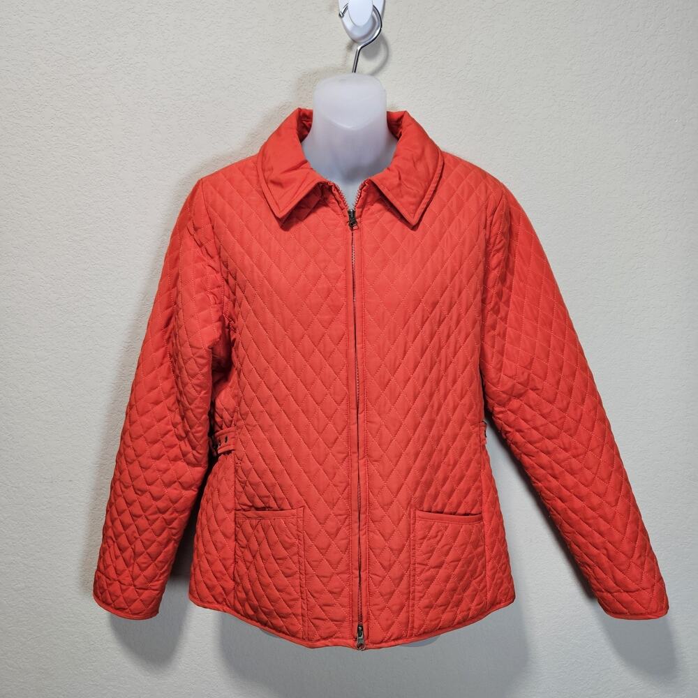 Peck & Peck Quilted Jacket Womens L Lightweight Red Adjustable Vented Leopard
